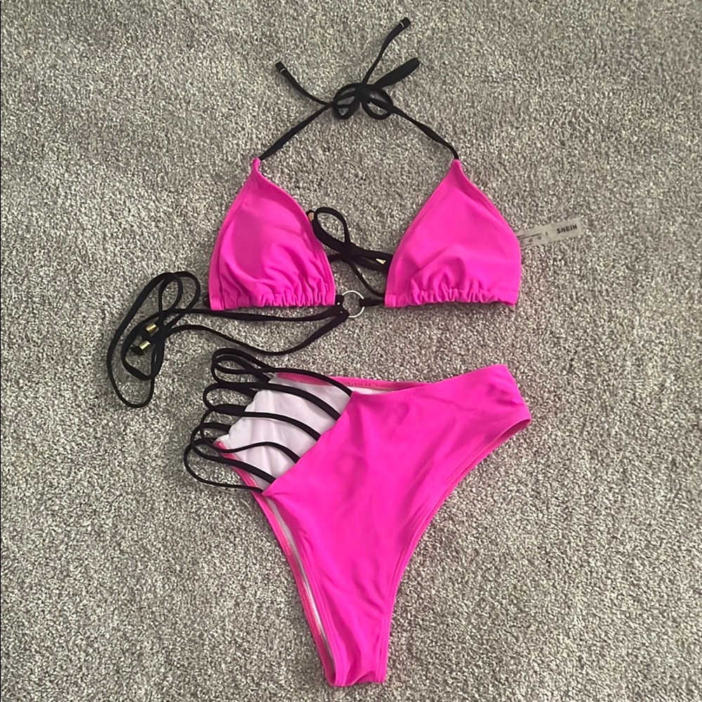 Shein Pink and Black Women's Bikini Set